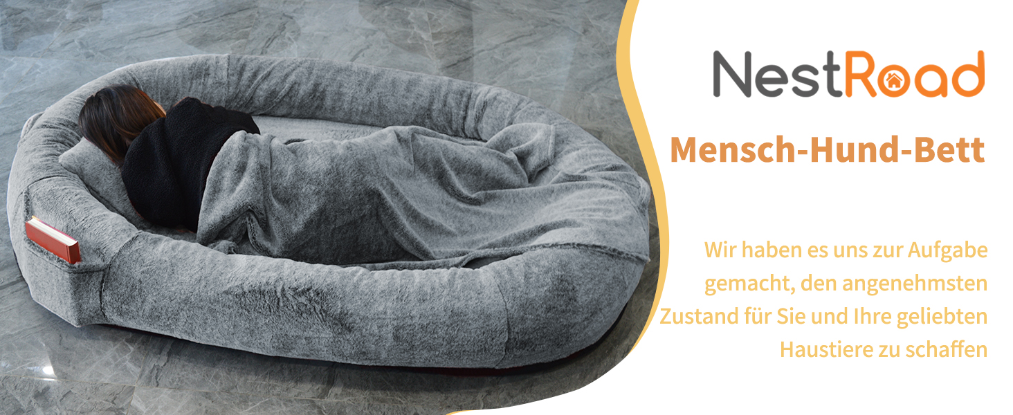 Крісло-мішок для собак та людей NESTROAD, 180x114x35 см, сірий, з штучним хутром, подушкою та ковдрою