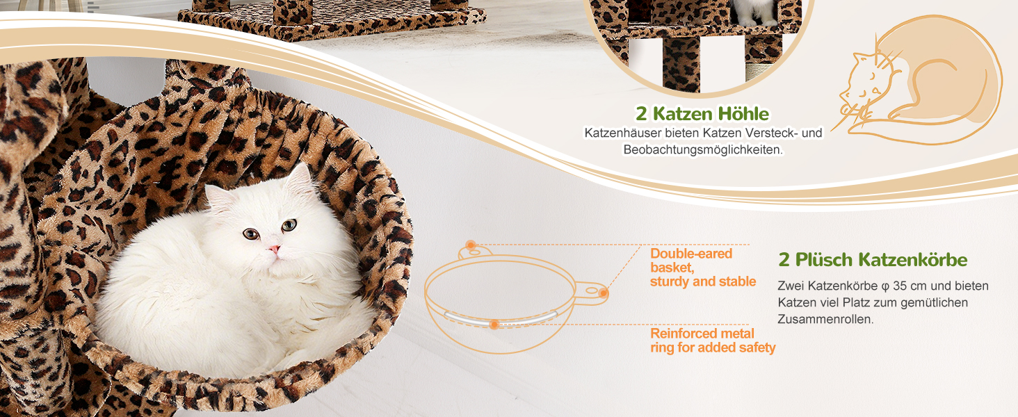 Драбина для котів Globlazer XXL, 209 см: 3 стійкі лежанки, 2 будиночки, 2 кошики, велика платформа, іграшки, стабільна для 3-5 котів. Leoparden