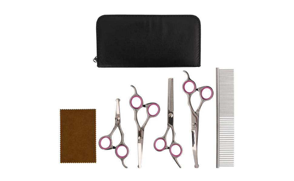 Набір професійних ножиць для грумінгу собак та котів 5 в 1, з регулюванням натягу, вигнуті ножиці для стрижки шерсті, набір для догляду за шерстю собак та котів, нержавіюча сталь