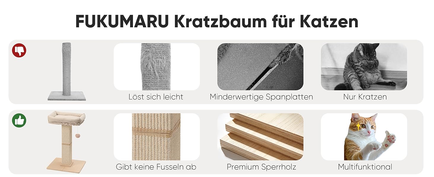 Котячий будиночок FUKUMARU з подряпуванням, 73 см, бежевий. Високий кігтетопор з платформою 46x36 см, з місцем для відпочинку, з натурального сизалю та масивного дерева.