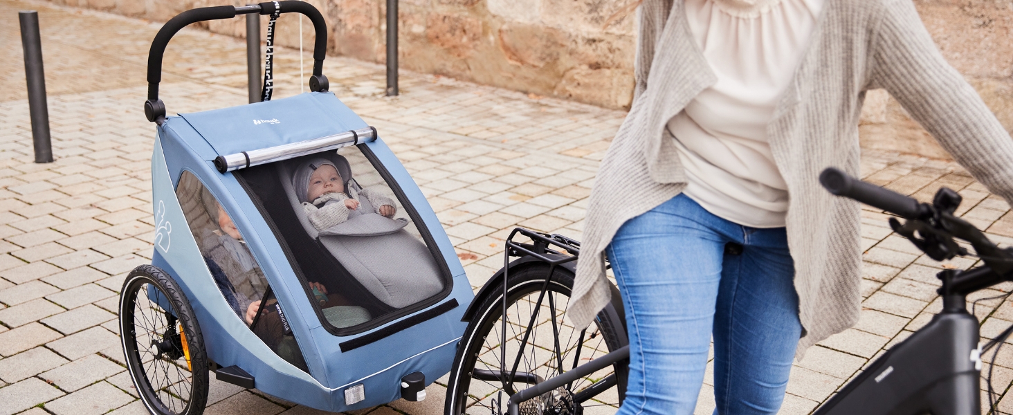 Фahrра-причіп Hauck Dryk Duo Plus Set для 2 дітей з люлькою, тентом та дощем. Складається, з підвіскою та функцією коляски, темно-синій