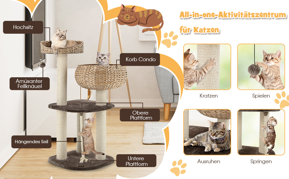 Дерев'яний будиночок для котів COSTWAY 104 см з когтеточкою, корзиною та м'ячем