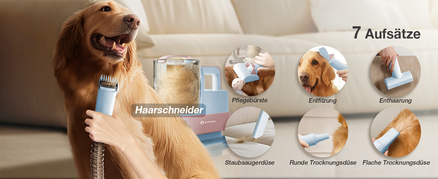 Набір для догляду за тваринами 7-в-1: Шерстьомашина, пилосос для шерсті та фен для собак та котів. Потужність 11000Pa, об'єм контейнера 2.5L, 3 режими потужності та температури. Тиха робота. Колір: блакитний.