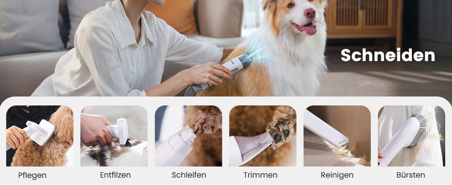 Машинка для стрижки собак Oneisall з пилососом, потужний всмоктування 12000 Па, видаляє 99.99% шерсті тварин, тиха, для собак та котів, 7 насадок, блакитна