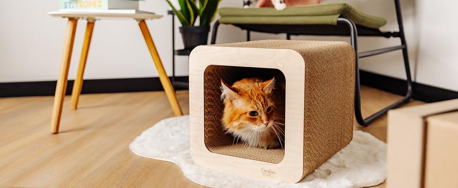 Кігтеточка для котів з картону | Міцна, велика, 2в1 з будиночком | 37 x 30 x 30 см