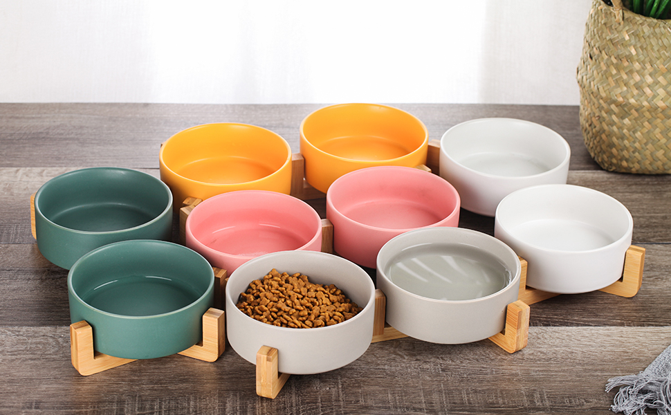 Набір мисок для собак та котів з кераміки, зелений колір, з дерев'яною підставкою (2 шт.), об'єм 400 мл (2 шт.)