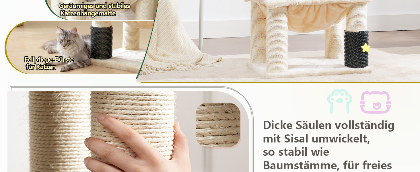 Великий котячий комплекс Hey-brother XXL для мейн-кунів, 168 см, з гамаком, сизалевими стовпами (φ11 см), кігтеточками, 2 платформами, будиночком, корзиною, бежевий EMPJ01M