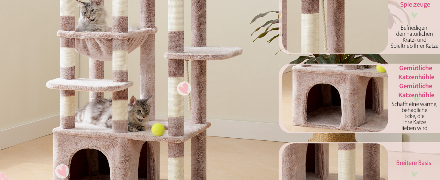 Кігтеточка Heybly Kratzbaum 180 см: велика, стійка, з будиночком, гамаками, для мейн-кунів та інших великих котів, коричнево-бежева