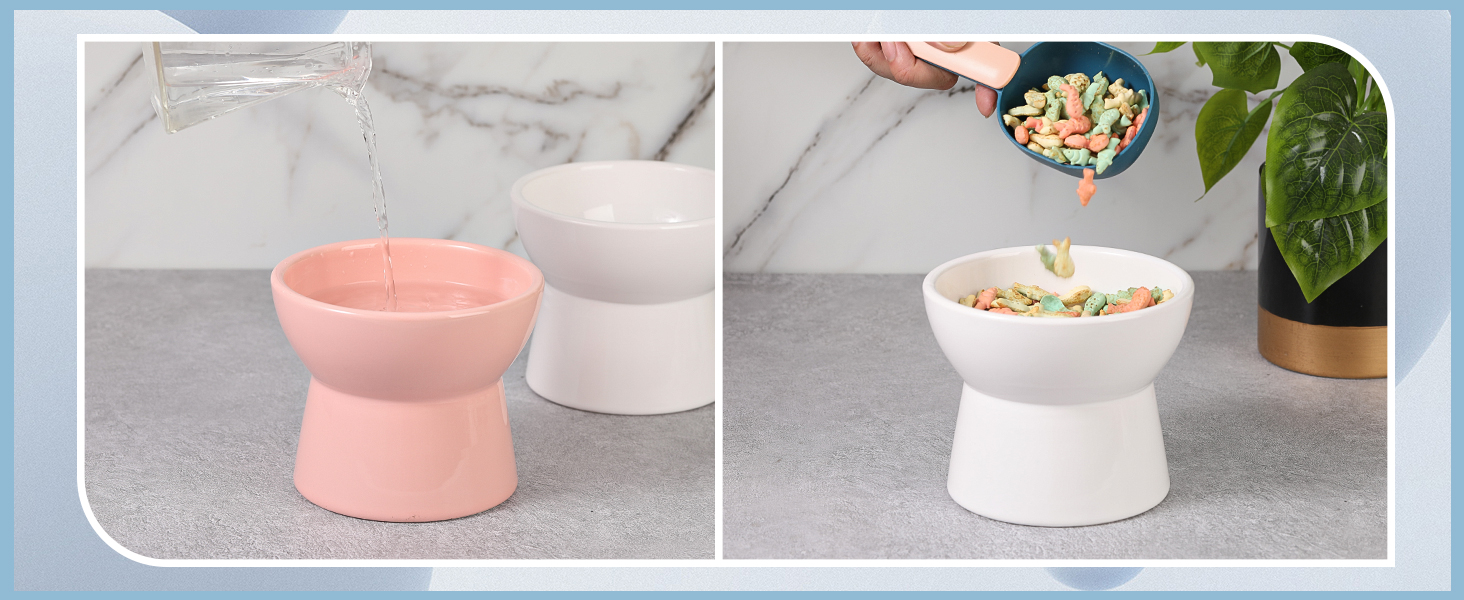 Підвищена годівниця для котів, керамічна - миска для води та їжі, антиблювотний дизайн, 550 мл, білий колір