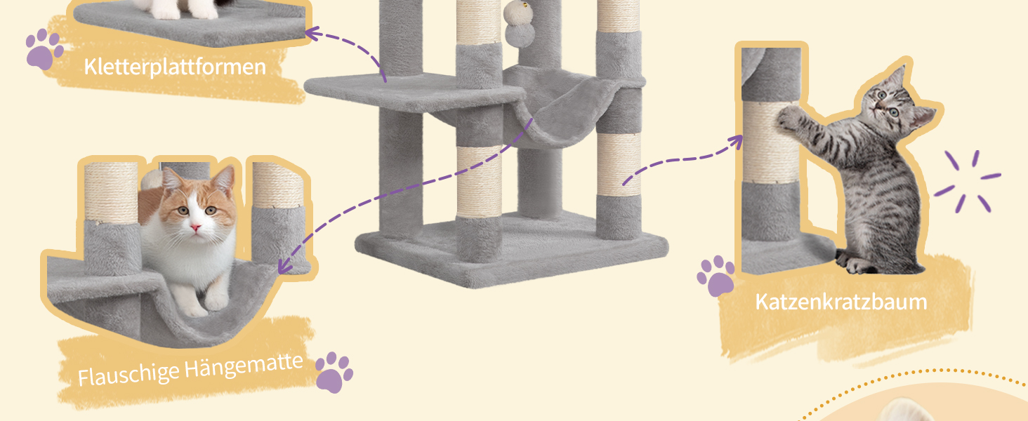 Когтедрашка для котів Hzuaneri, 149 см, з 5 когтеточками, платформами, будиночком, помпонами, сірого кольору MS14918LG