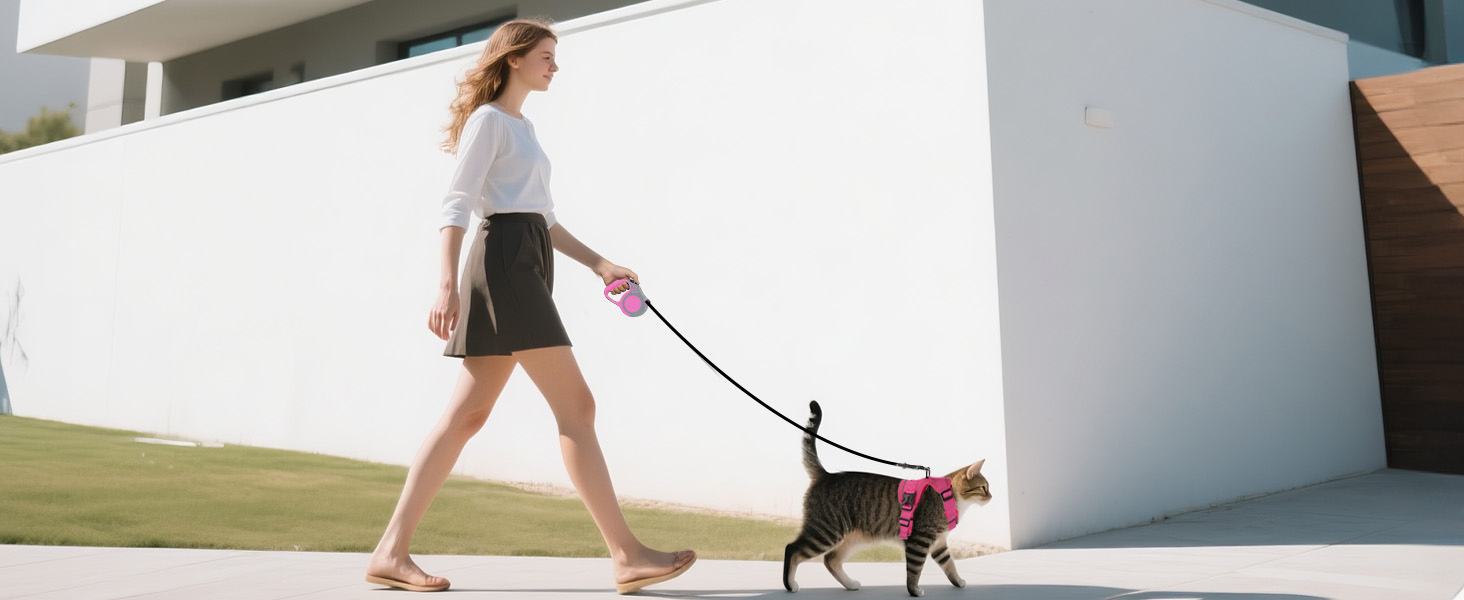 Катячий сміх з повідком, автоматичний котячий поводок з дзвінком, розтяжний котячий поводок з дзвінком та повідком для кошенят, собак (рожевий, M)