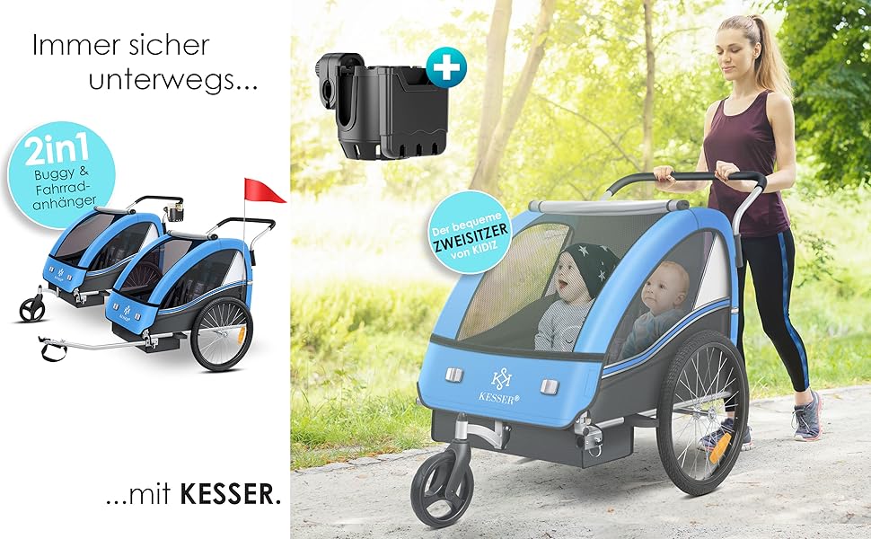 Дитячий велопричіп KESSER Sport-RX 2в1 (вело-коляска) для 1-2 дітей, до 40 кг, з рефлекторами, 5-точкова система безпеки, тримач для напоїв та смартфон