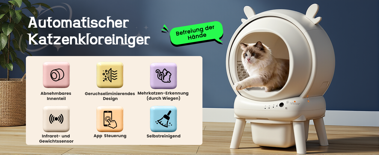 Автоматичний лоток для котів з самоочищенням 65л, 9 сенсорів, керування через додаток, захист від защемлення, для кількох котів, білий