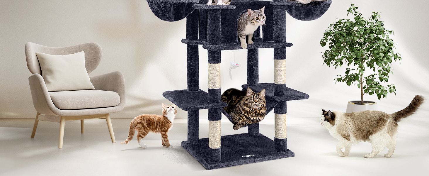 Котячий будиночок Globlazer XXL: великий, 204 см, з 3 лежаками, 2 будиночками, 2 кошиками, гамаком, стабільний для великих котів та кількох котів (F80, темно-сірий)