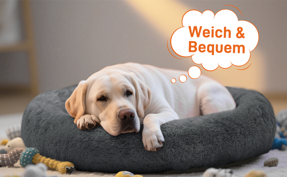 Кругле ліжко для собак O·Lankeji з м'якого флусу, штучного хутра, знімний кошик, нековзна основа, для маленьких, середніх та великих собак, M-⌀60см (M-⌀60см, Антрацит)