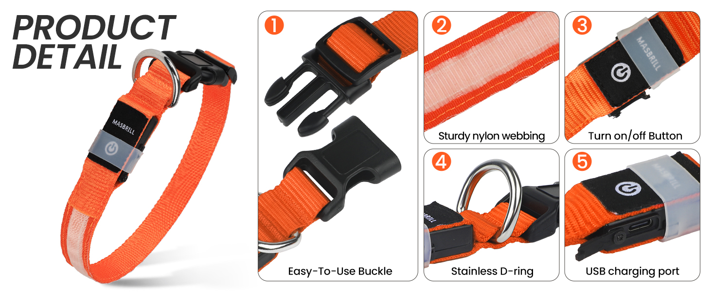 Світловідбиваючий нашийник для собак ASBRILL з LED-підсвічуванням, USB-C, водонепроникний, регульований, 3 режими світла, для собак малого, середнього та великого розміру (L, ЧЕРВОНИЙ)