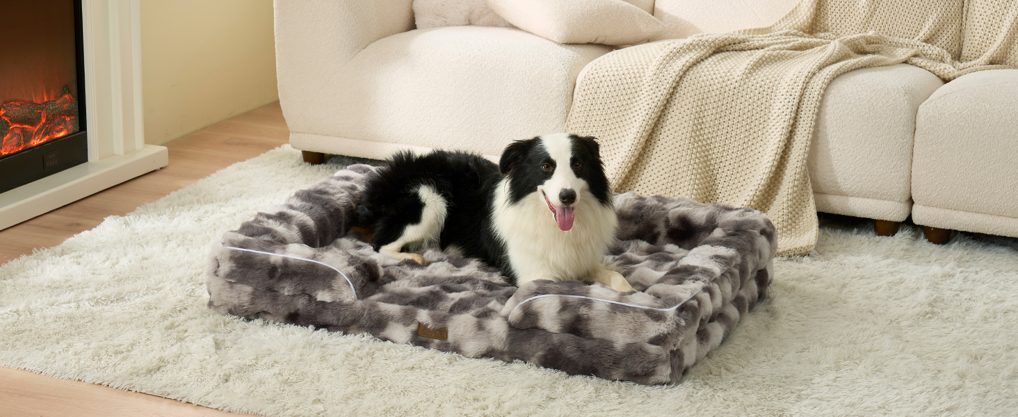 Ортопедичне ліжко для собак з штучного хутра, великі породи, C-подібне ліжко XL сірого кольору Tie-Dye, м'яке, тепле, з водонепроникним покриттям, антиковзаюче, з високощільним пінополіуретаном, миється