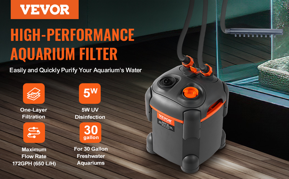VEVOR Каністровий фільтр для акваріума 264GPH, 284 л, ультратихий, з UV-захистом, багатофункціональний внутрішній фільтр, 11 Вт