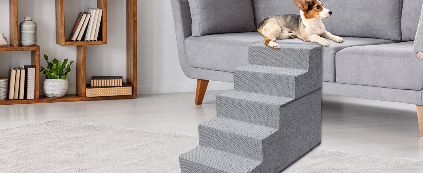 Сходинки для собак Eukue: 5 сходинок, складані, для маленьких та великих собак, з антиковзким покриттям, для доступу до ліжка/дивану, сірого кольору