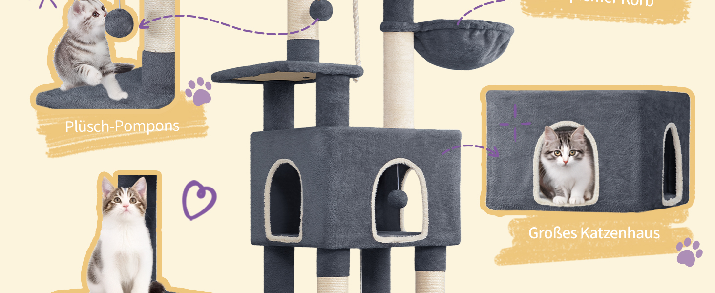 Дерево для котів Hzuaneri Kratzbaum 149 см з 5 стовпчиками для шліфування, платформами, печереєю, багатоярусне котяче ігрове дерево, помпонами, MS14918LG (темно-сірий)