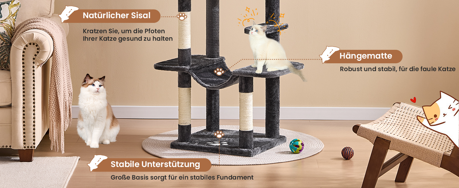 Кігтеточка для котів MSmask велика, 150 см, сіра, з 2 платформами, 2 будиночками, гамаком та сизалевими стовпчиками