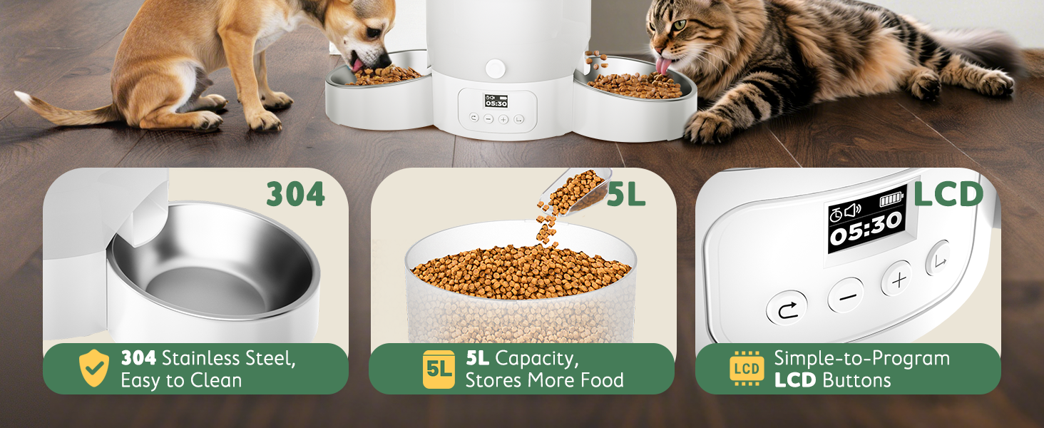 Автоматичний годівниця для котів та собак Gimars 5L з LCD-дисплеєм, 2 миски, програмування, 1-6 прийомів їжі, голосовий запис, білий колір