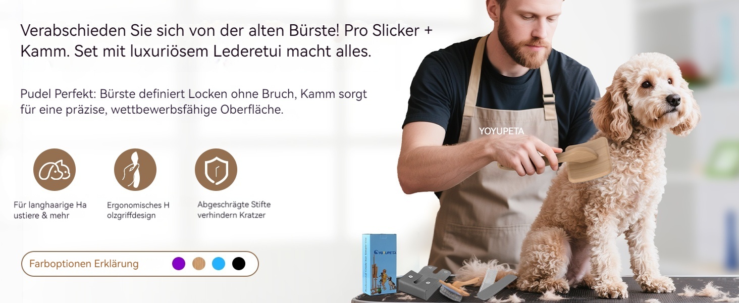 Набір щіток та гребінців Slicker для великих собак з довгою шерстю – щітка для розплутування з пінами 22 мм для Голден Ретріверів, Пуделів, Дудлів та котів – професійний догляд за шерстю з дерев'яною ручкою та шкіряним чохлом. Покриття лаком.