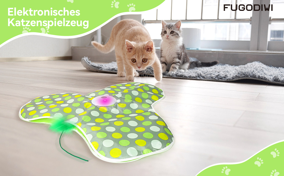 Інтерактивна іграшка для котів FUGODIWI: електрична, з автоматичним полюванням на мишей, знімні пір'я, USB-зарядка, зелена