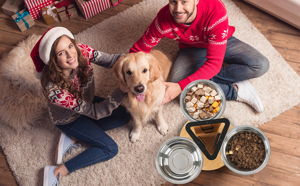 Підвищений годівниця для великих собак, регульована висота, 3 миски з нержавіючої сталі 1400 мл, годівниця-станція на 3 сторони, підставка для собак з дерева та срібла