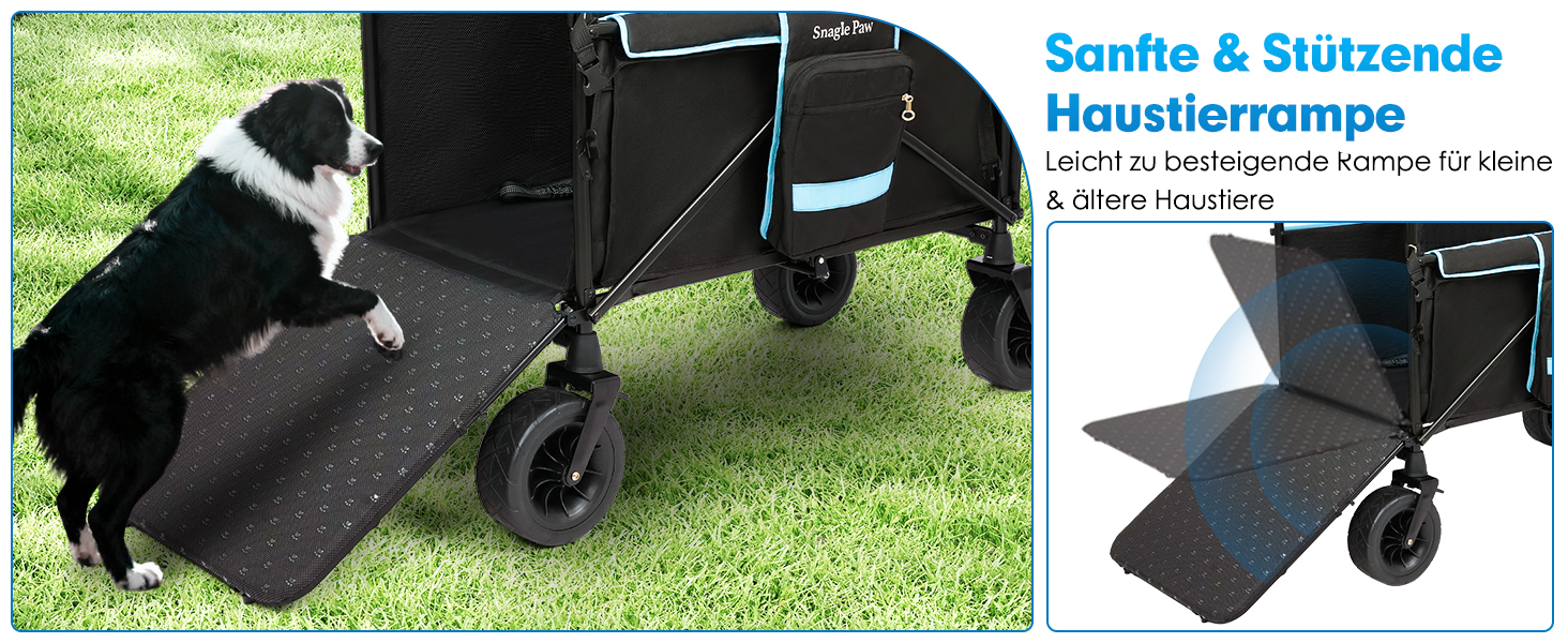 Візок для собак Snagle Paw з дверцятами та рампою, великий, розкладний, для собак середніх та великих порід, регульована ручка та гальма, 4 колеса для прогулянок, бігу, подорожей, до 90 кг (Чорний/Синій)