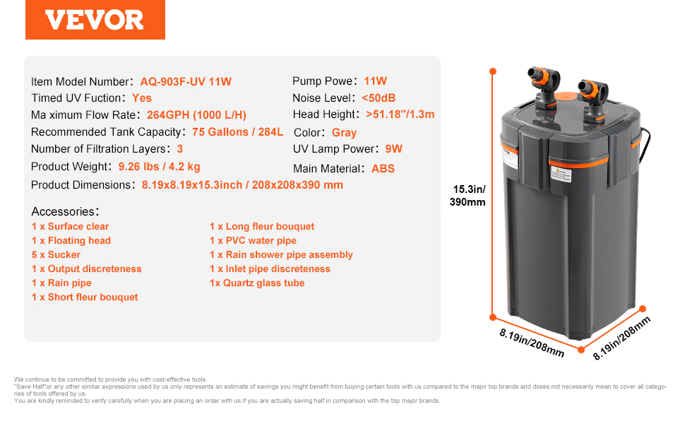 VEVOR фільтр для акваріума 264GPH, 3-ступеневий каністровий фільтр 284 л, ультратихий внутрішній акваріумний фільтр з UV-захистом, багатофункціональний занурюваний фільтр, 11 Вт
