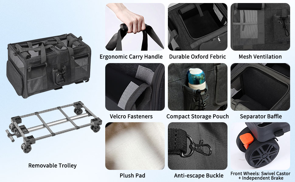 Транспортна переноска для котів та собак на 20 кг з 2 відділеннями, колесами та телескопічним ручками (чорна)