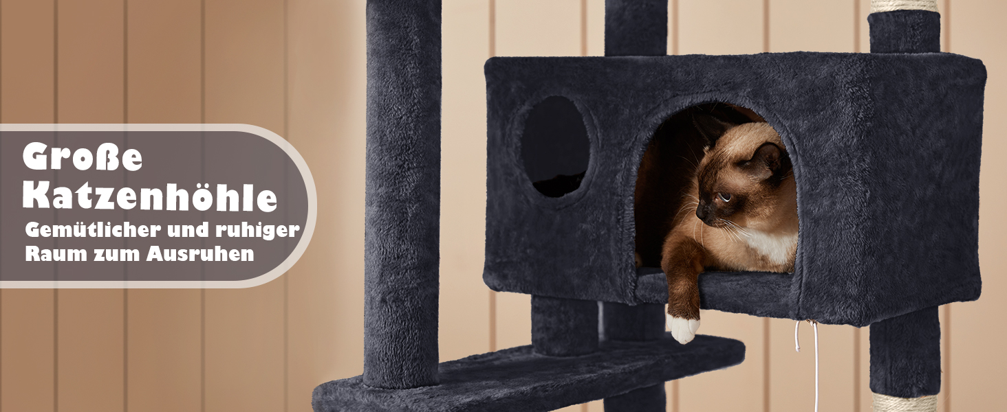 Кігтеточка-кімнатний комплекс Yaheetech 139 см, чорний, з 3 платформами, 3 стовпчиками, 2 хованками та іграшками