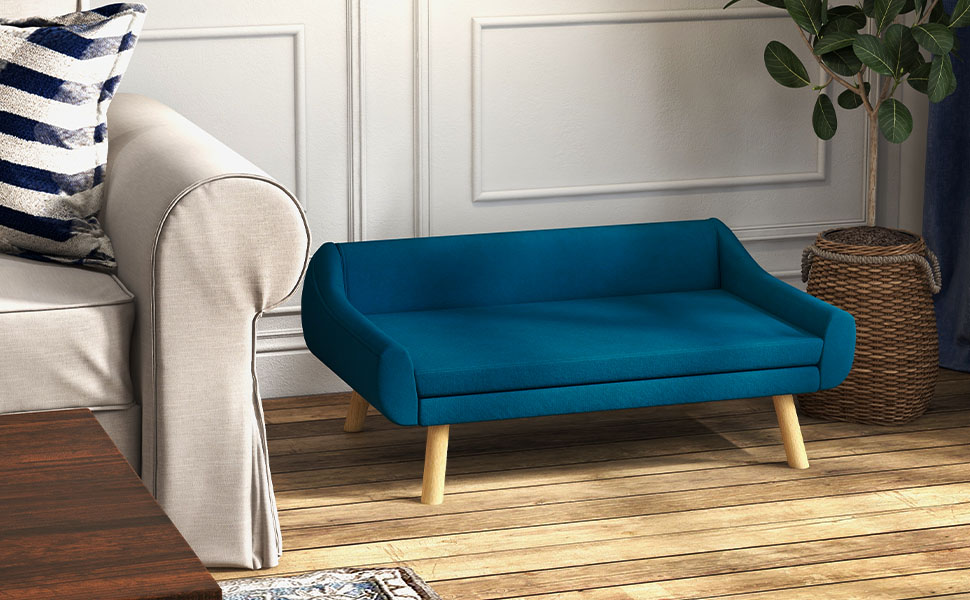 Диван для собак PawHut з м'яким подушкою, лежанка для тварин з дерев'яним каркасом, знімний та пральний чохол, для середніх та великих собак, блакитний