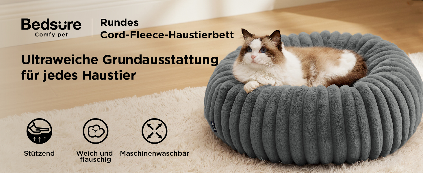 BEDSURE Ортопедичне ліжко для котів - м'яке кільце 51x51x15 см, кругле котяче ліжко з знімним чохлом з корду флісу, неслизьке дно, темно-сірий колір