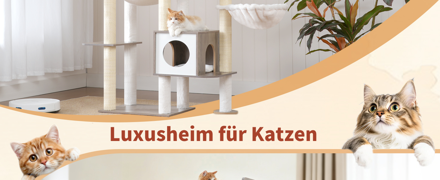 Дерев'яний когтеточка Heybly Kratzbaum 179 см з будиночком та гамаком, HCT121WB (Вінтаж-Сірий)