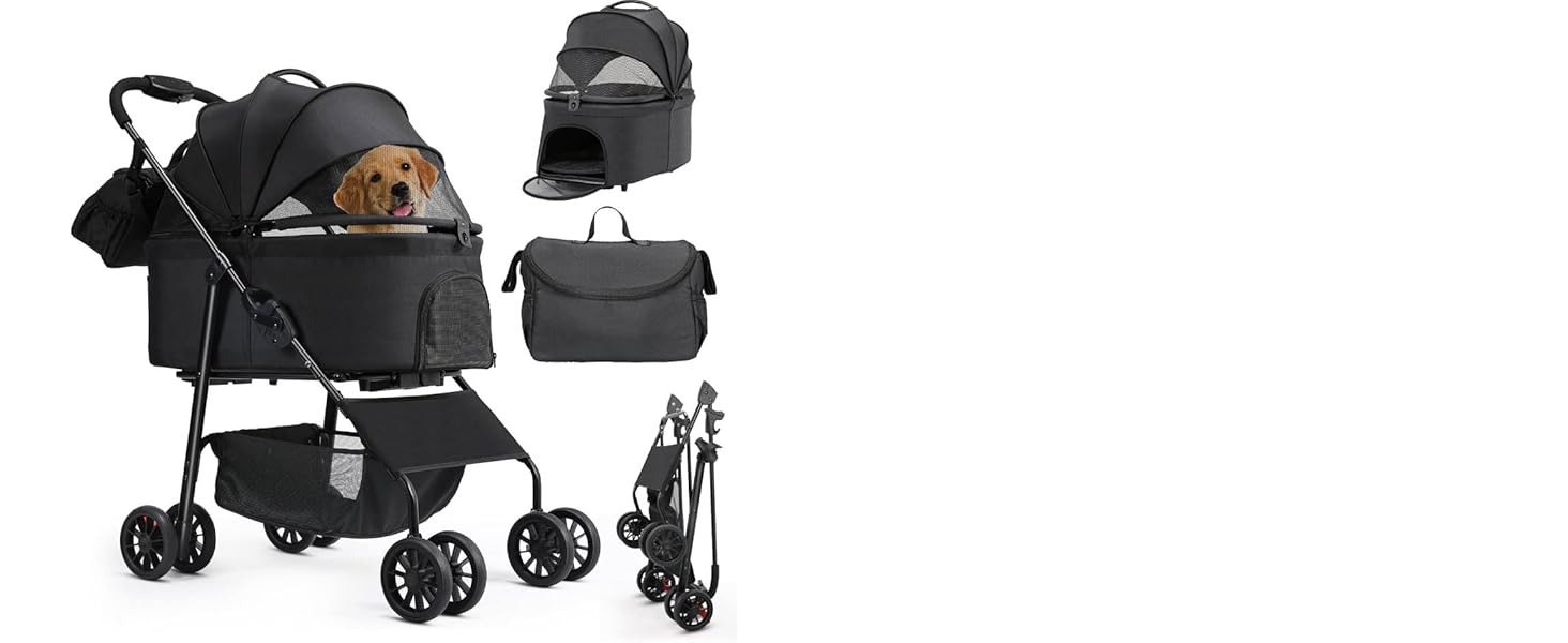 Візок для собак Mamizo 3-в-1, до 30 кг, з сумкою, для малих/середніх собак і котів, чорний, тканина Леїнен