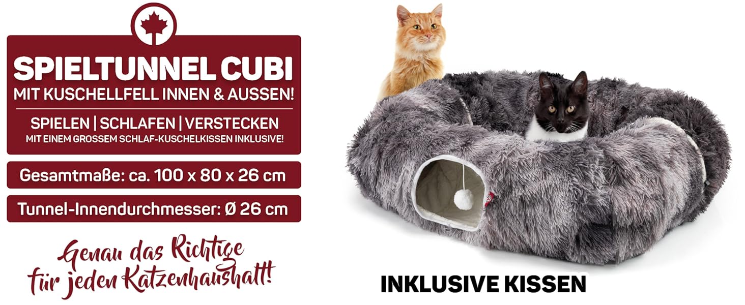 Преміум тунель для котів CUBI від CanadianCat Company: XXL з місцем для сну та м'яким лежанком, підходить для великих котів, темно-сірий, 100 x 80 x 26 см