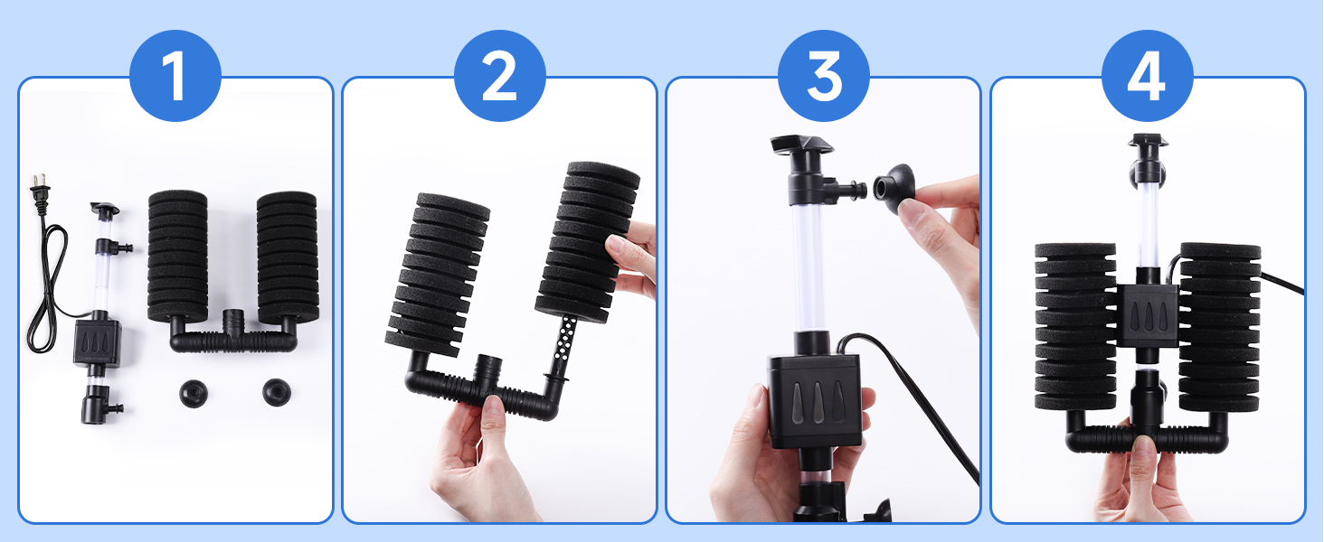 AQQA Фільтр для акваріума, електричний внутрішній фільтр для акваріума, тихий губчастий фільтр з водяним насосом 190 л/год, біологічне та механічне фільтрування, для акваріумів до 210 л (5 Вт)