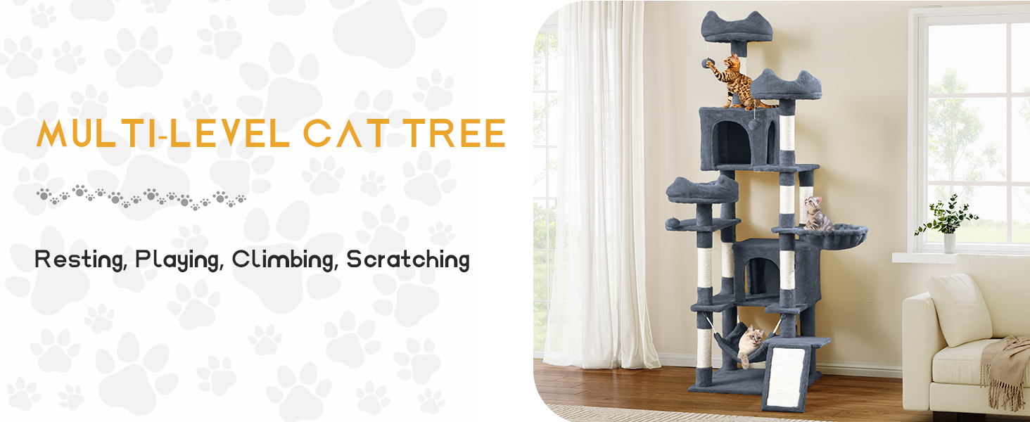 Кігтеточка YITAHOME 190 см, багатоярусна, з сизалю, з гамаком та лежаками, сіра – центр активності для котів
