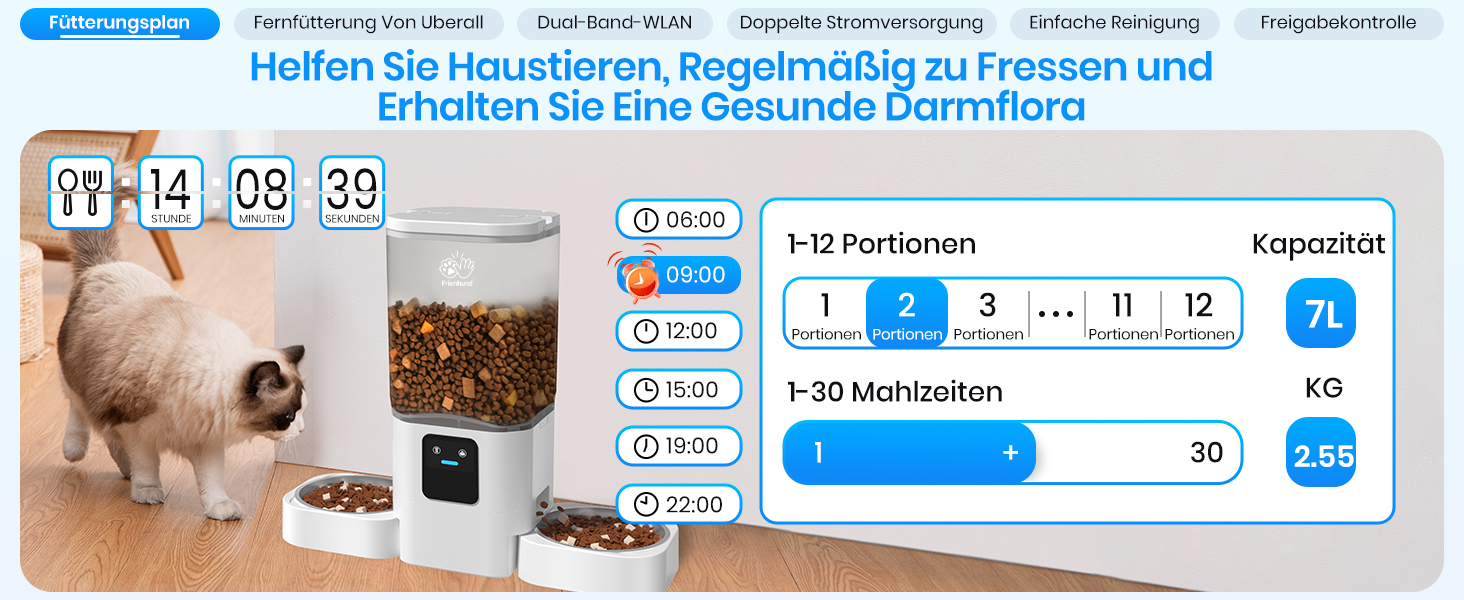 Автомат годування котів Frienhund з 2 мисками та APP: Wi-Fi, повільний дозування, 7л, для 2 котів, з Alexa, білий