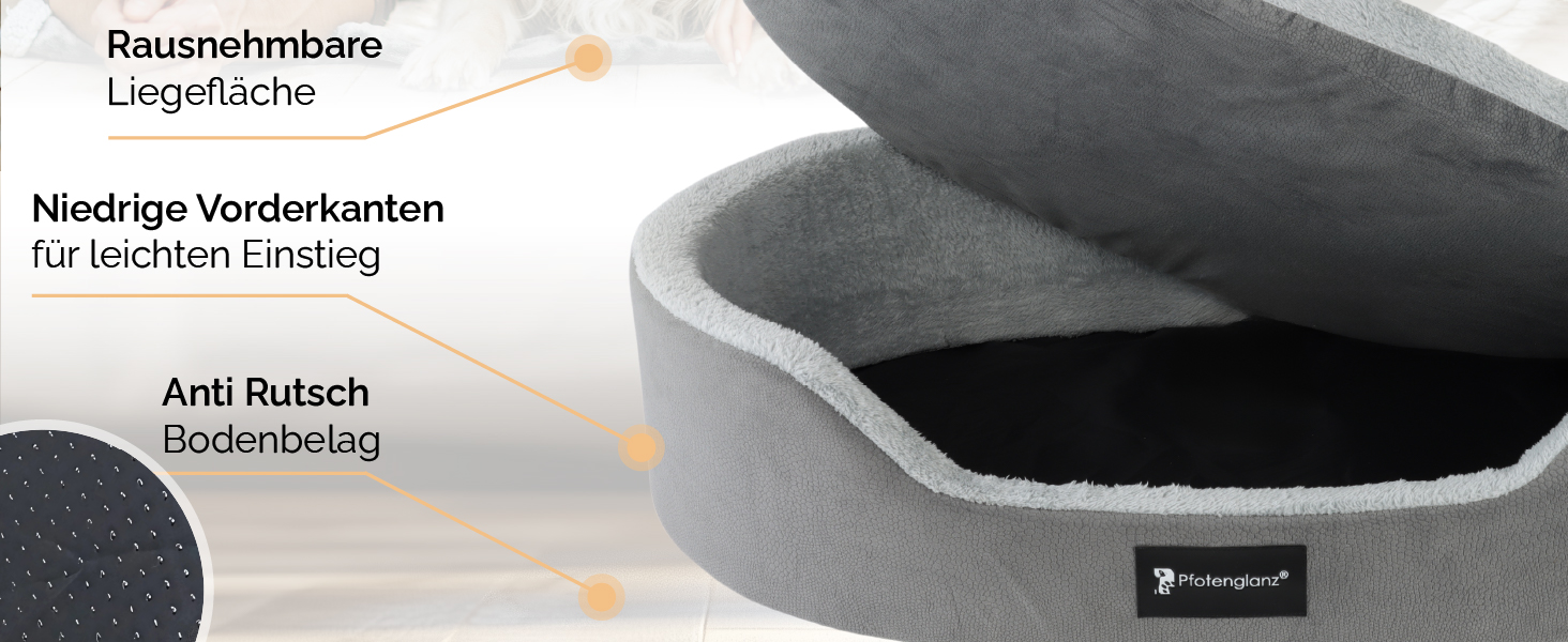 Ортопедичне ліжко для собак Pfotenglanz: зручне та м'яке ліжко-корзина для собак середніх порід. Розмір 85x65 см, з вологостійким покриттям, ковзаючою основою та м'якою матрацом з холодним пінополіуретаном. Сірий колір.