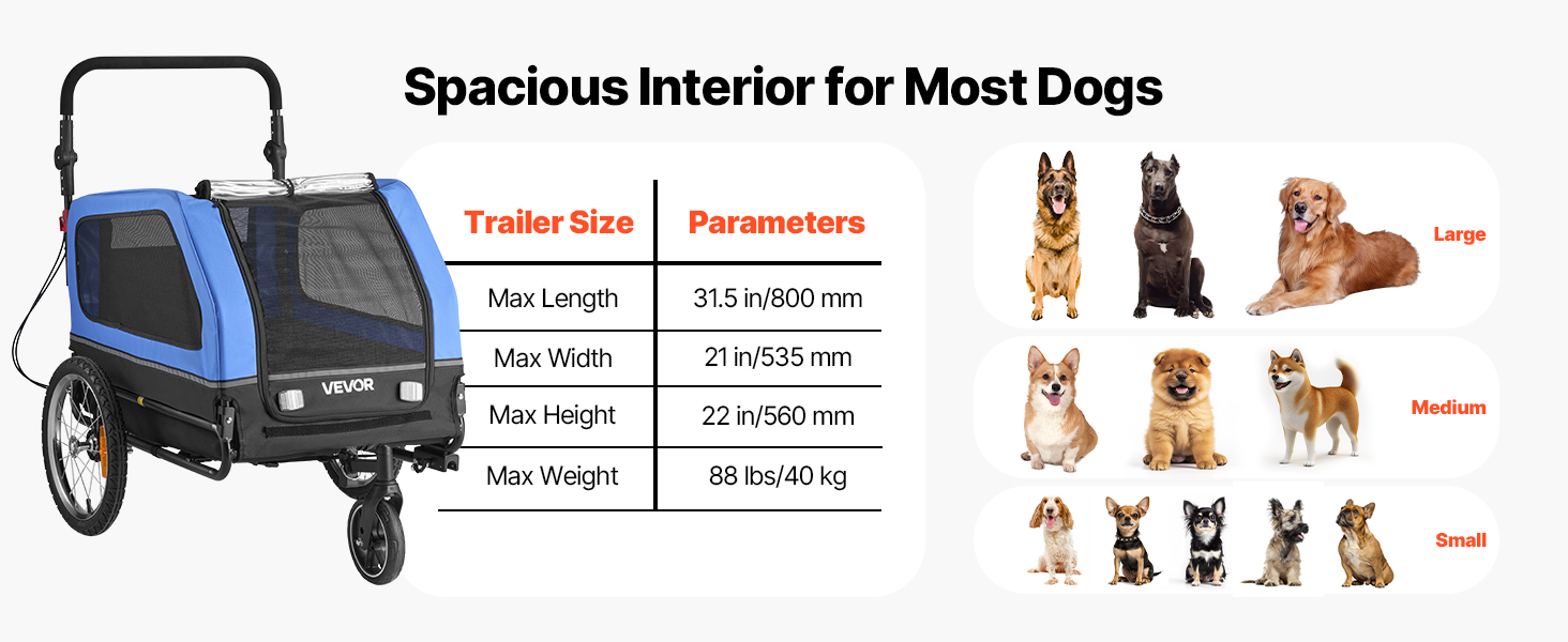 Причіп для собак VEVOR до 40 кг, 2-в-1, для маленьких та великих собак, з розкладним каркасом, універсальний з'єднувач, з прапорцем, внутрішній поводок, 1380x755x800 мм
