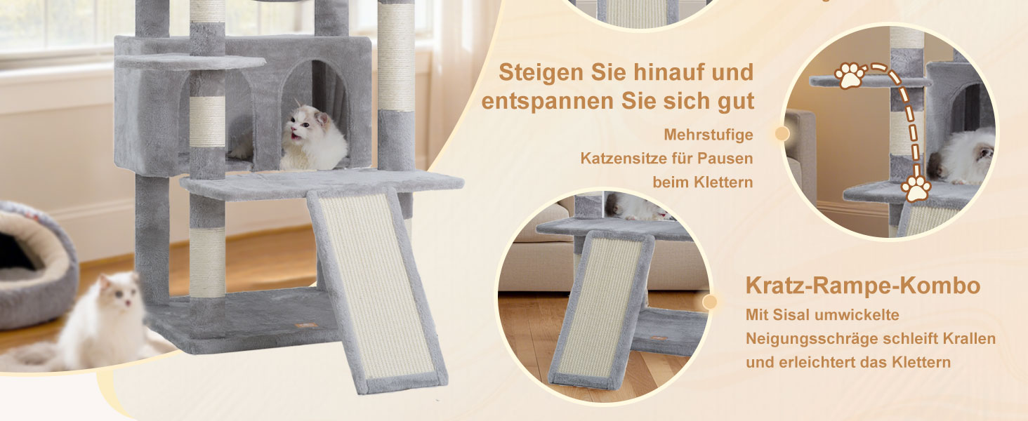 Кігтеточка Heybly для котів, 202 см з 2 великими лежаками, когтешкребком, великою печерою, кошиком, сизалевим стовпом та гамаком. Підходить для дорослих котів, світло-сіра HCT038W