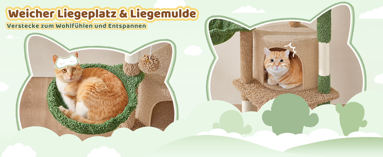 Дім-когтеточка для котів Yaheetech Kaktus: стабільна конструкція, оглядові платформи, печера, лежанка, сизаль, бежево-коричневий (коричнево-зелений, M)