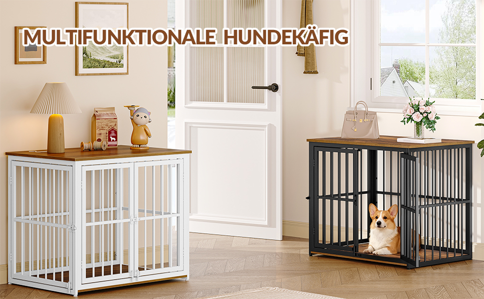 Будиночок для собак 100 см, дерев'яна клітка для дому з 3 дверцями (100x60x70 см), вінтажний коричнево-білий, для середніх та великих порід