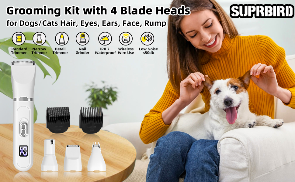 Професійна машинка для стрижки собак та котів 4-в-1 з LED-дисплеєм, акумуляторна, для грумінгу лап, очей, вух, обличчя та тіла