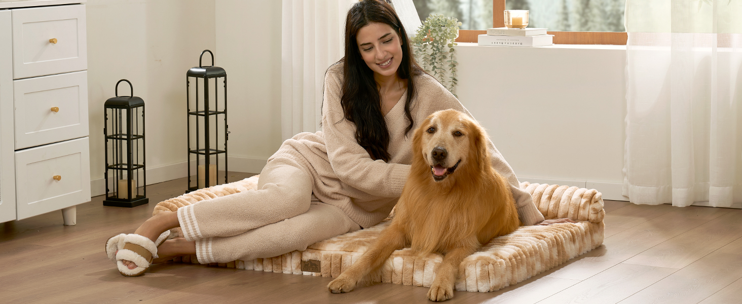 Ортопедичне ліжко для собак з штучним хутром, L-подібне, 76x51x15 см, Бежеве