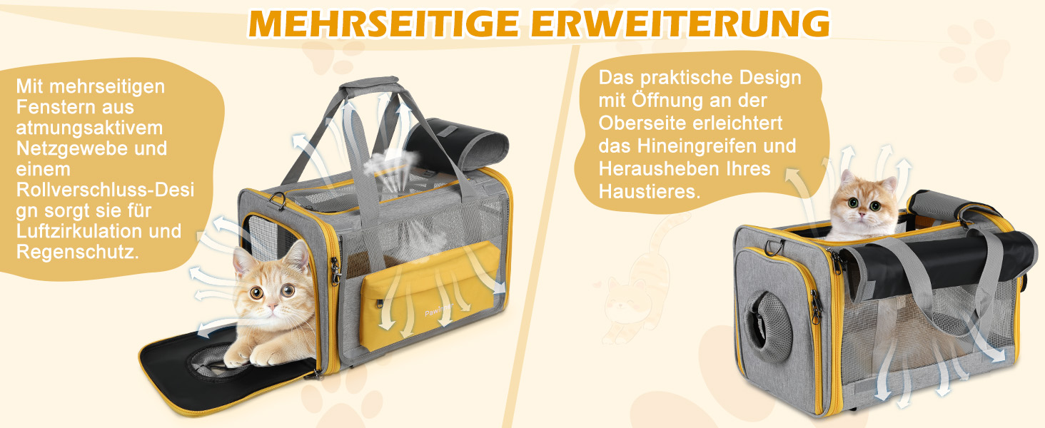 Транспортна переноска Pawinner для котів та собак, 45x33x33 см, з візком для авто та літака, складана, дихаюча, до 9 кг (Сірий, Світло-жовтий)