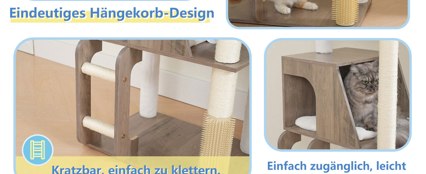 Дерев'яний кігтетопор Hey-brother Holz Kratzbaum 184см для великих котів, багатоярусний, зі стійкою платформою, кошиком, будиночком, щіткою та драбиною (Gris Vintage)